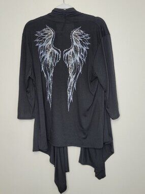 Candy Rain black plus size big angel wings mcbling biker open front cardigan 3x